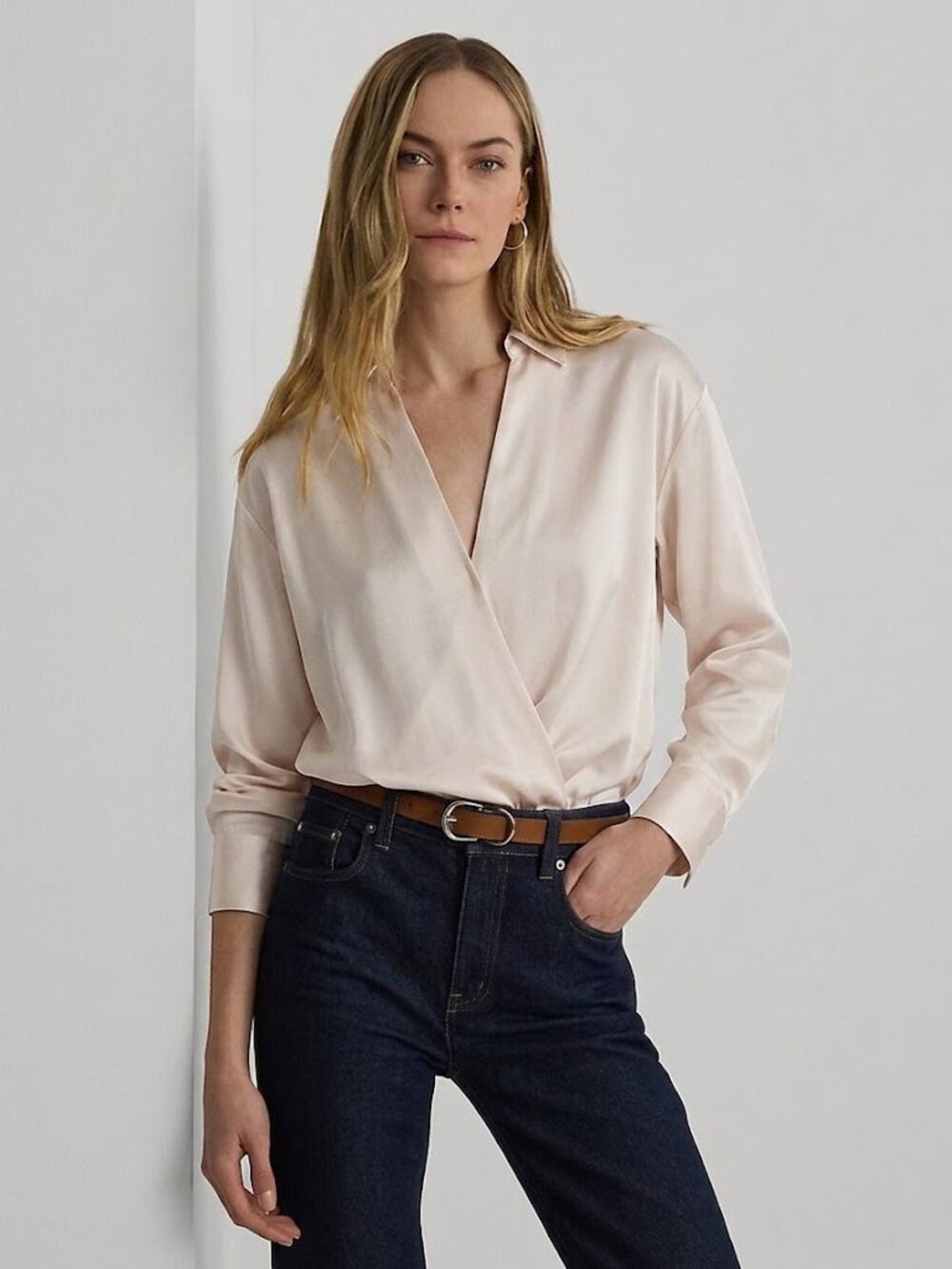RALPH LAUREN Satin Charmeuse Surplice Blouse Winter Cream Size L NWT